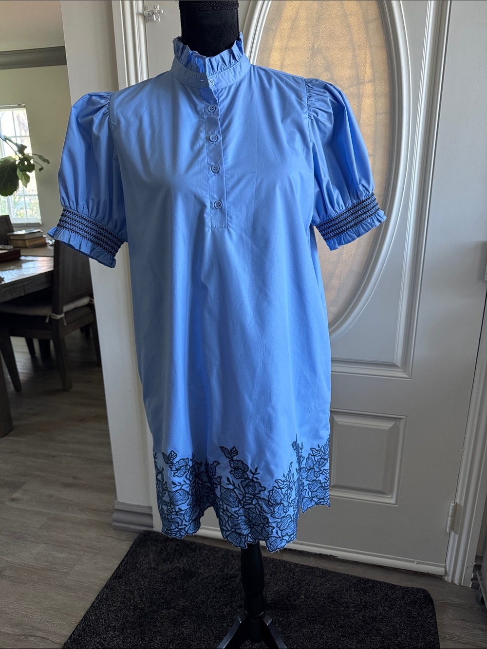 entro Sky Blue Puff Sleeve Shirt Dress with embroidery Navy Floral Hem